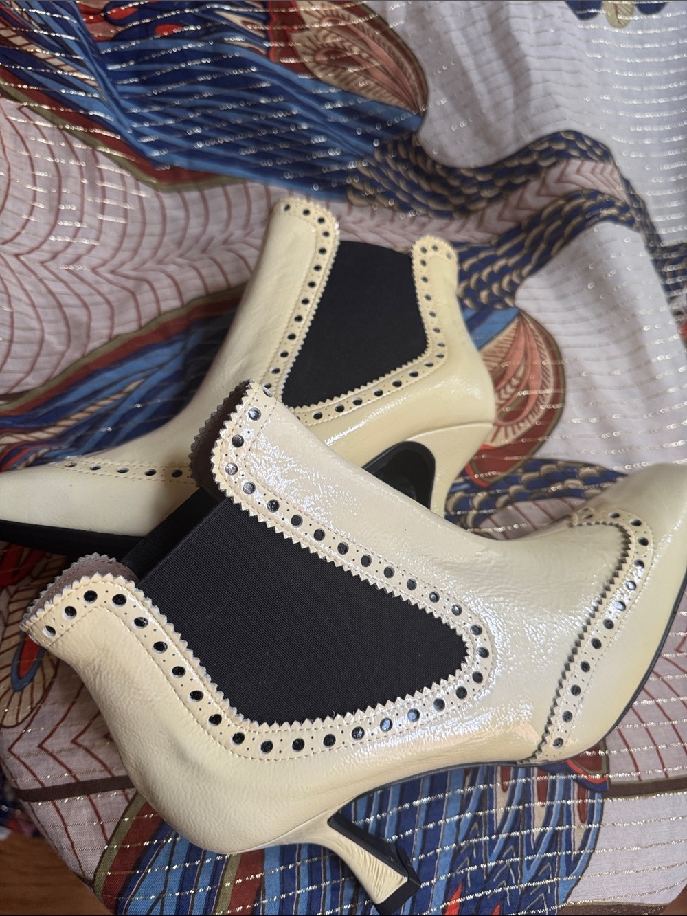 Women's Cream Patent Leather Chelsea type Brogue Ankle Boots